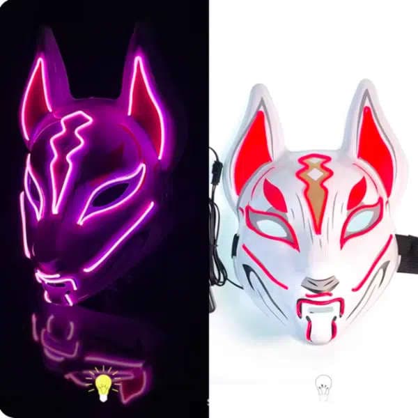 מסכת פוקס יפנית אנימה עם תאורת LED ניאון לליל כל הקדושים