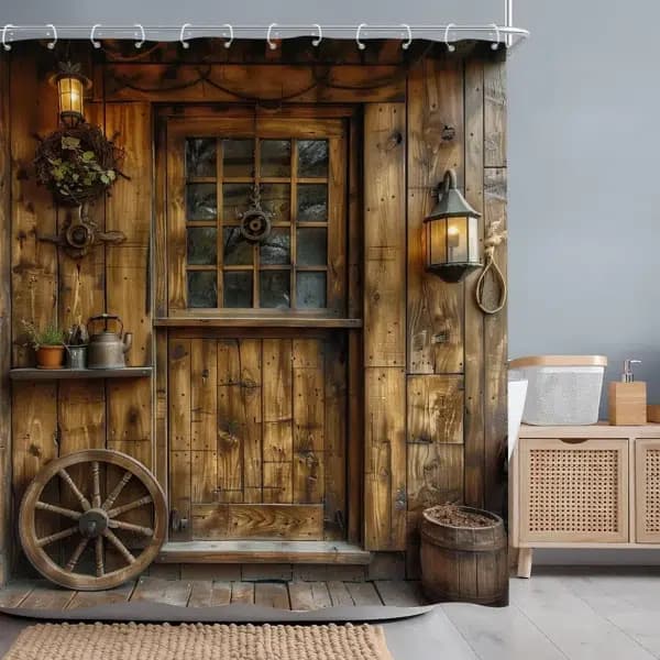 וילון מקלחת כפרי רטרו לדלתות עץ